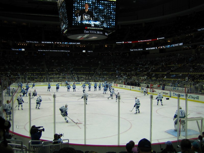 Warm-up at Console Energy Center with Pens and Canucks